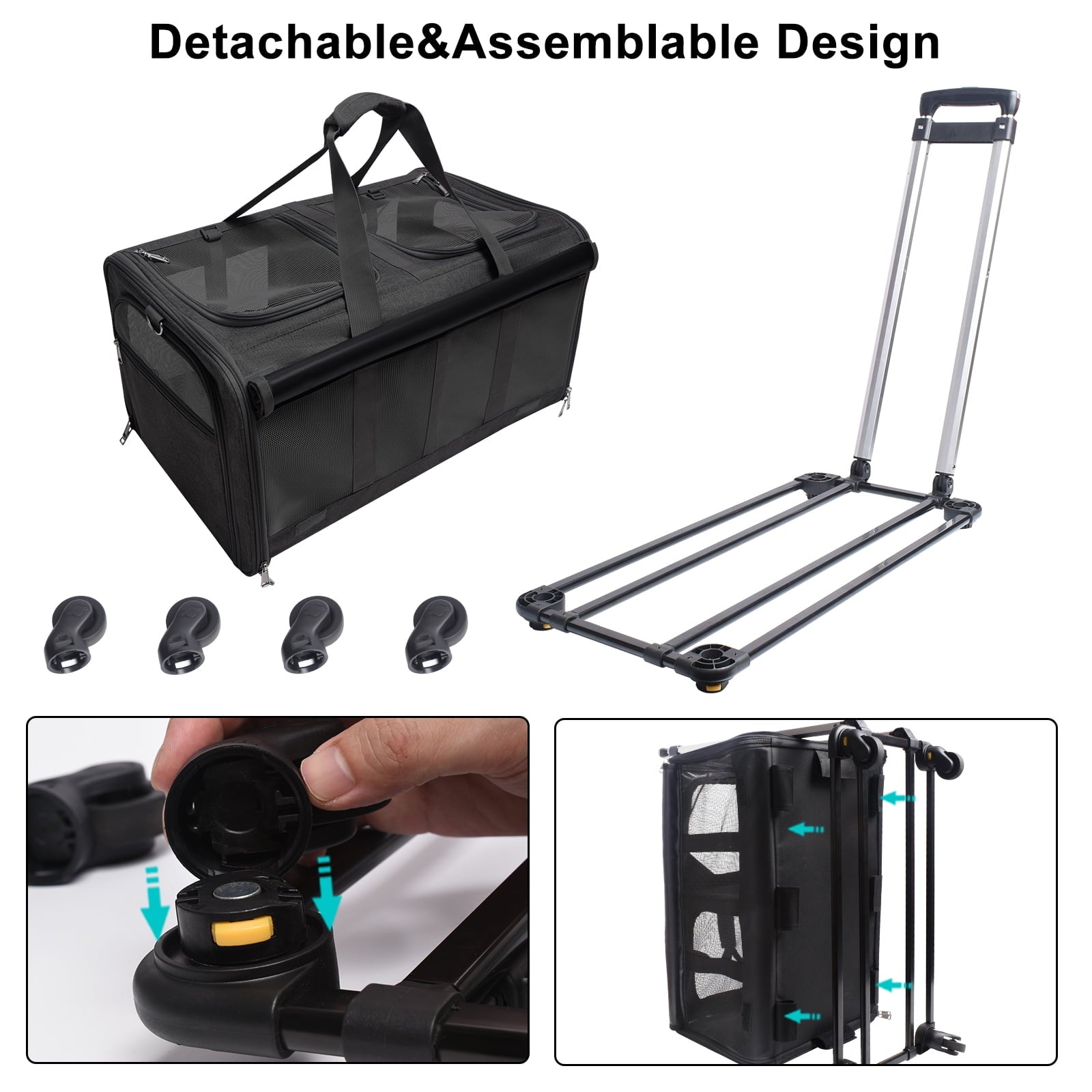 ELEGX Double-Compartment Pet Rolling Carrier with Wheels for 2 Pets,for Up to 35 LBS,Cat Rolling Carrier for 2 Cats,Super Ventilated Design,Ideal for Traveling/Hiking /Camping