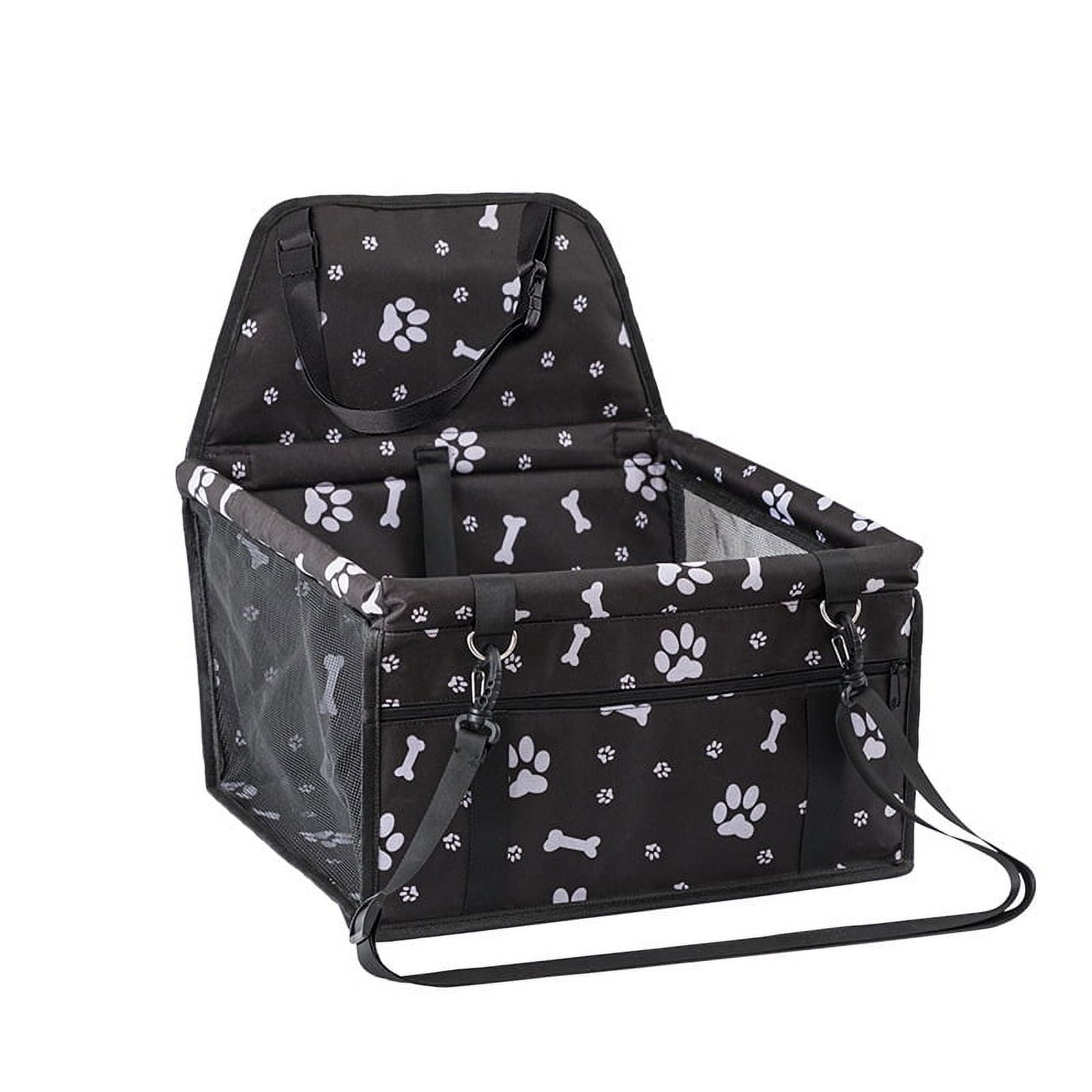Pet Dog Cat Car Seat Booster for Small & Medium Pets, Portable Breathable Foldable Pet Carrier Seat Safety Anti-Collapse for Travel with Seat Belt, Black Printed