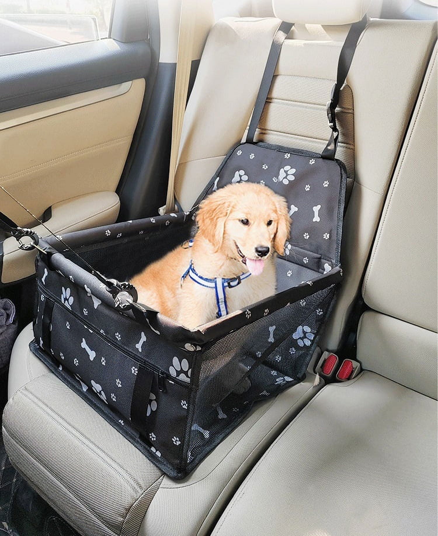 Pet Dog Cat Car Seat Booster for Small & Medium Pets, Portable Breathable Foldable Pet Carrier Seat Safety Anti-Collapse for Travel with Seat Belt, Black Printed
