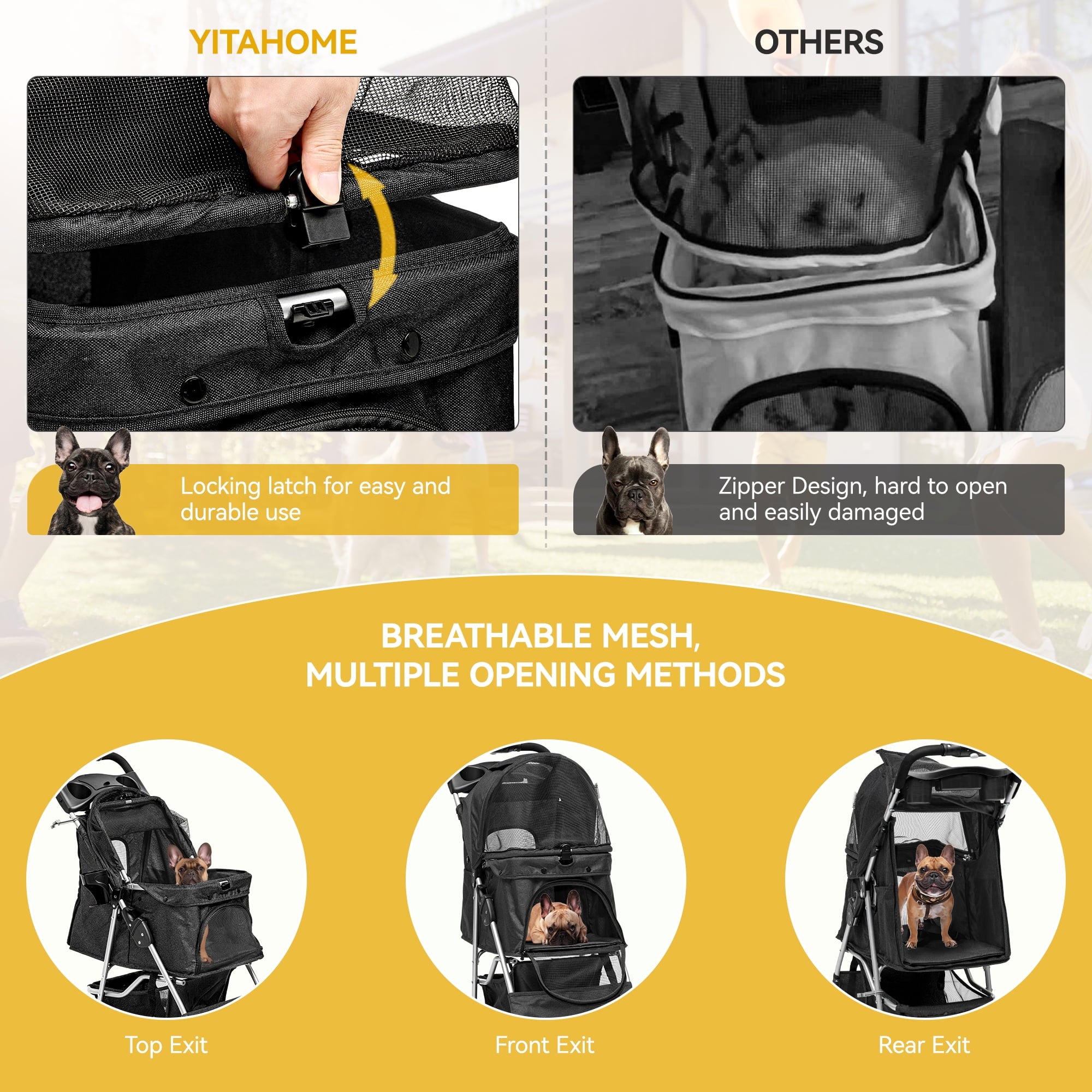Dextrus 4-Wheel Foldable Dog Stroller with Storage Basket & 360° Rotating Wheels – Lightweight Pet Stroller for Small to Medium Dogs and Cats, Black