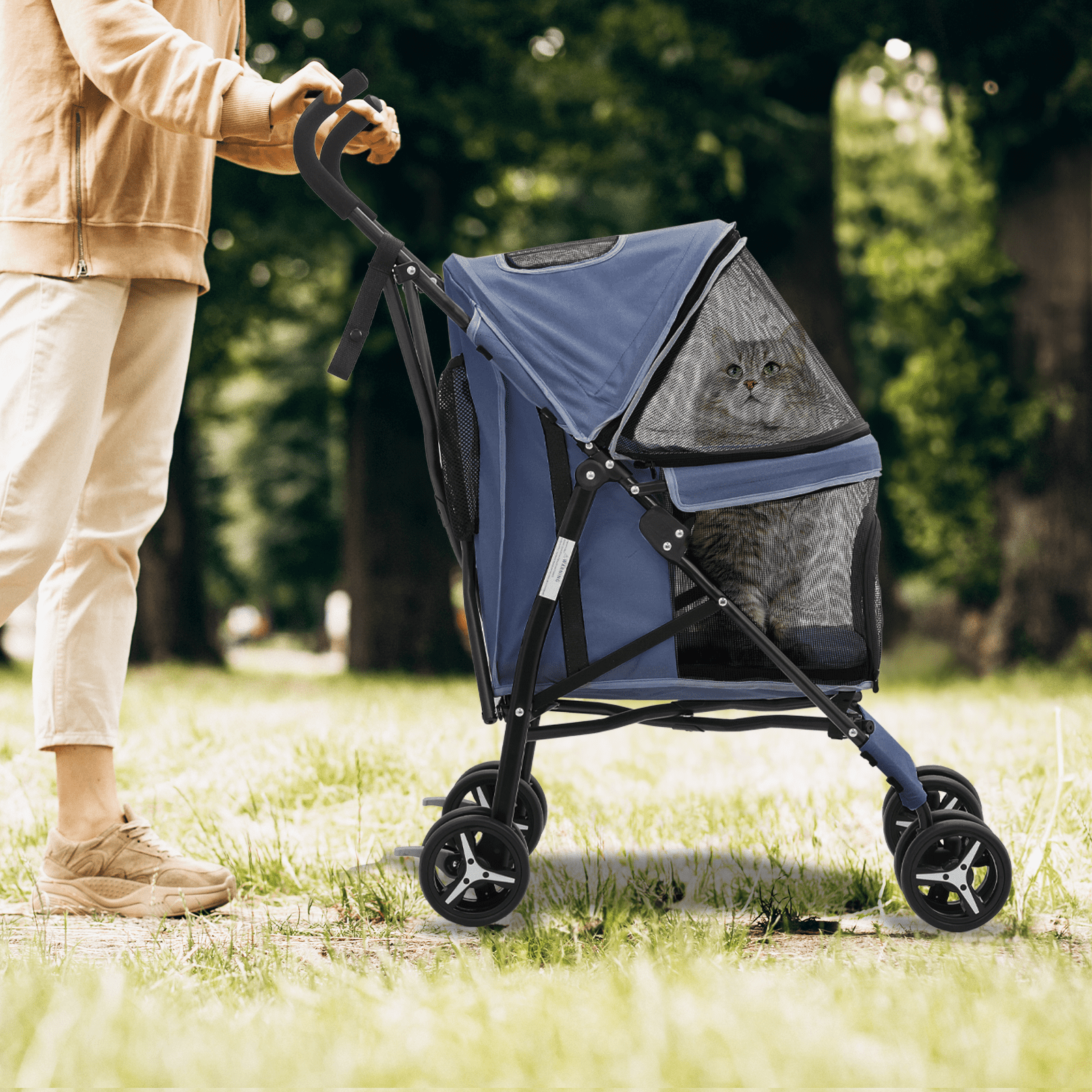 Magshion Foldable Lightweight Pet Trolley for Cats & Dogs, 4 Wheel (Navy Blue)