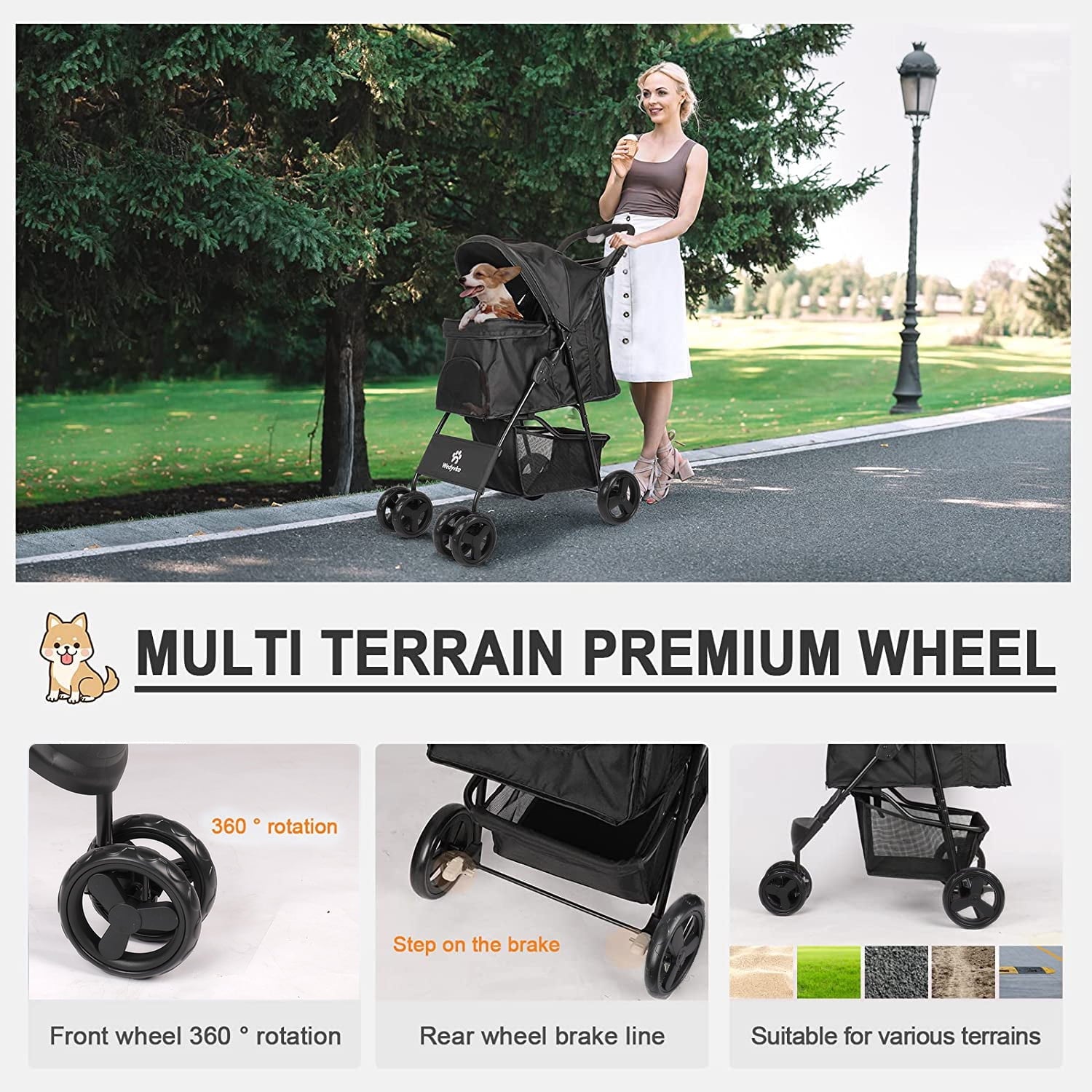 Wedyvko 4 Wheels Pet Stroller Dog Cat Stroller Storage Basket and Cup Holder,Black