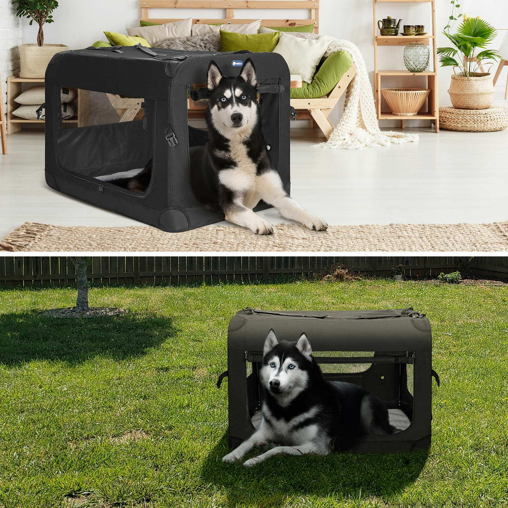 Veehoo Folding Soft Dog Crate, 3-Door Pet Kennel, 600D Cationic Oxford Fabric, 32", Black