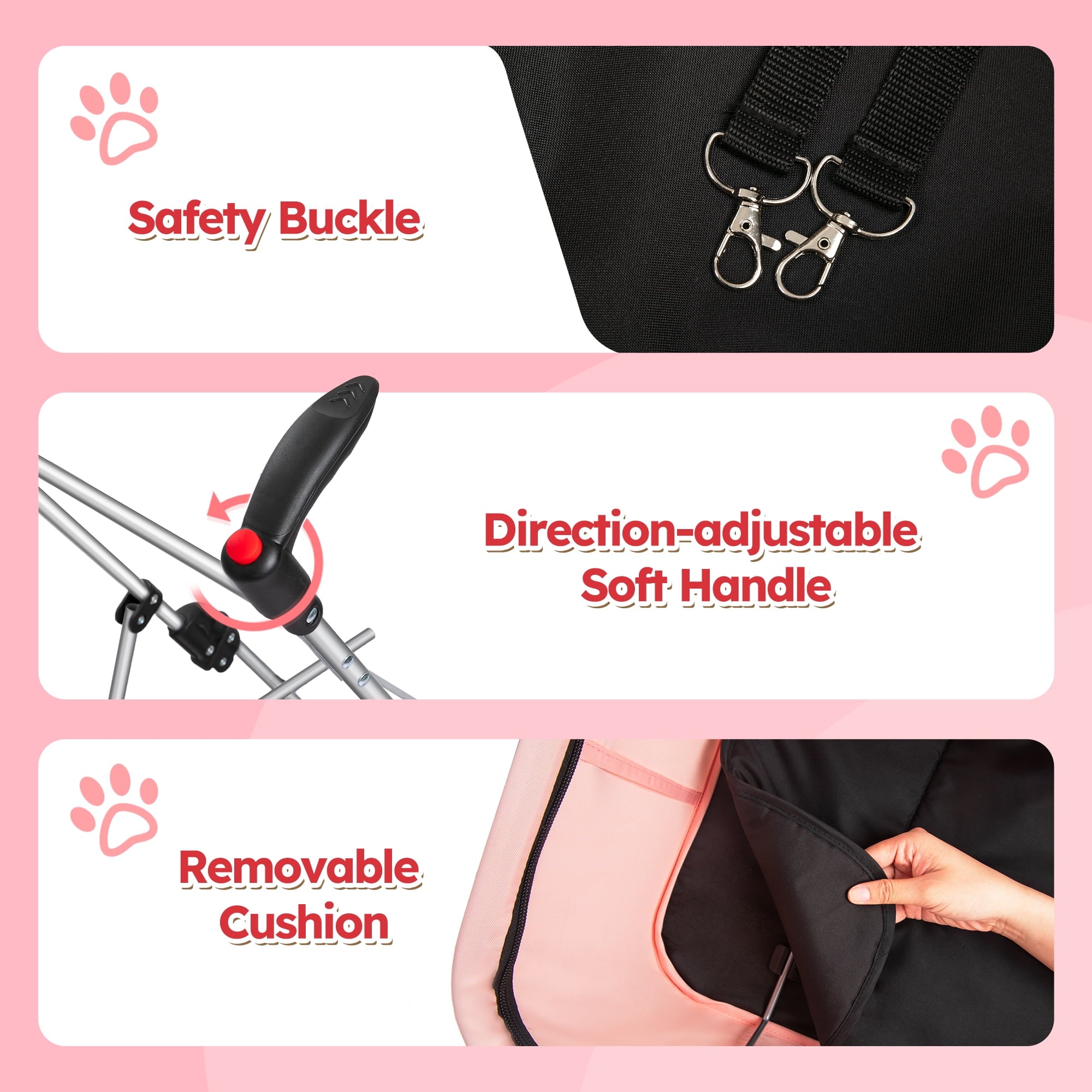 Monasem 4 Wheels Foldable Pet Stroller 3 in 1 with Waterproof Detachable Pets Travel Carrier for Small/Medium Dogs Cats up to 60lbs, Pink