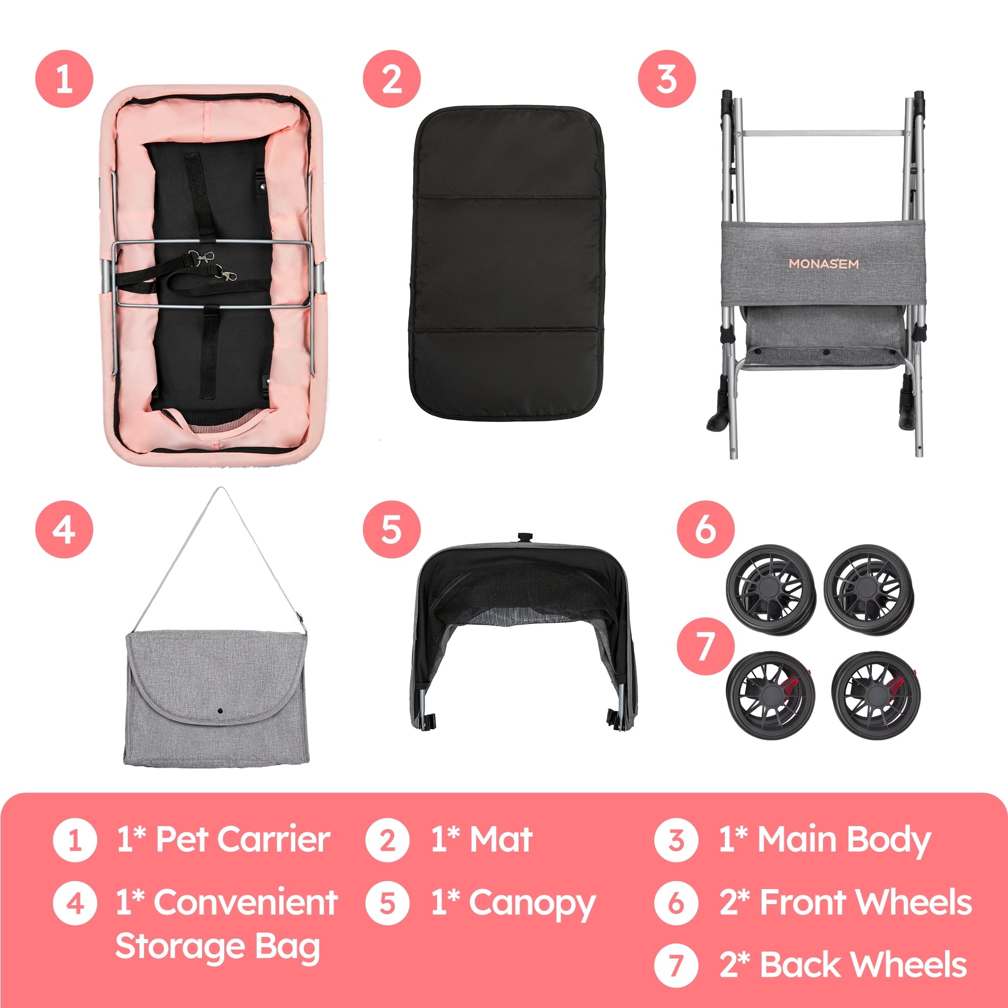 Monasem 4 Wheels Foldable Pet Stroller 3 in 1 with Waterproof Detachable Pets Travel Carrier for Small/Medium Dogs Cats up to 60lbs, Pink