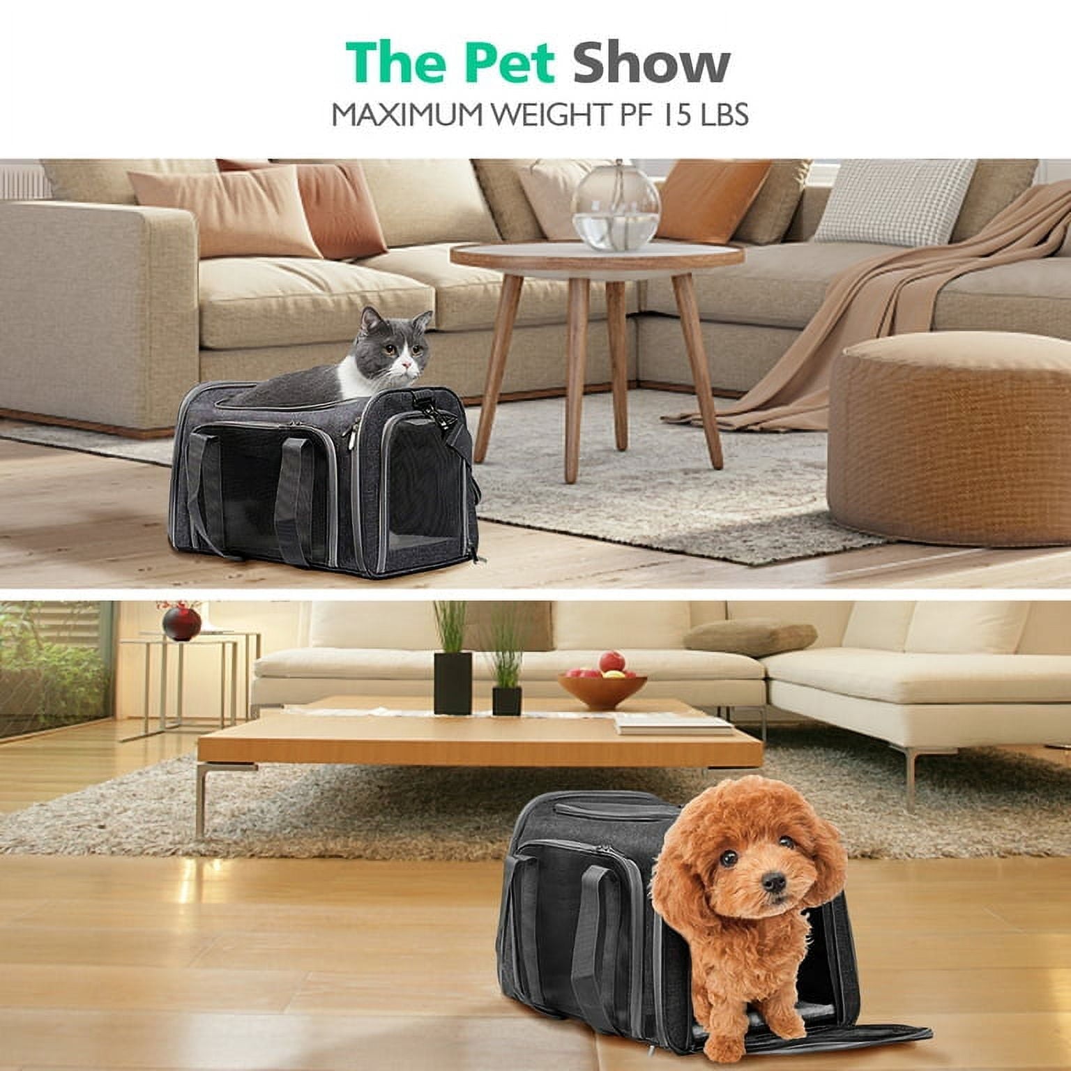 Flantor Small Pet Travel Carrier Bag, Breathable Soft Sided with Wool Mat, Black, 15 lb Limit