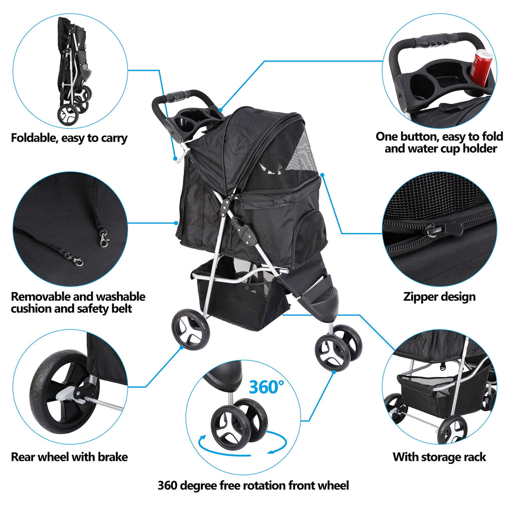 SuperDeal Lightweight 3-Wheel Pet Dog Travel Stroller Folding W/Safety Belt & Cup Holder