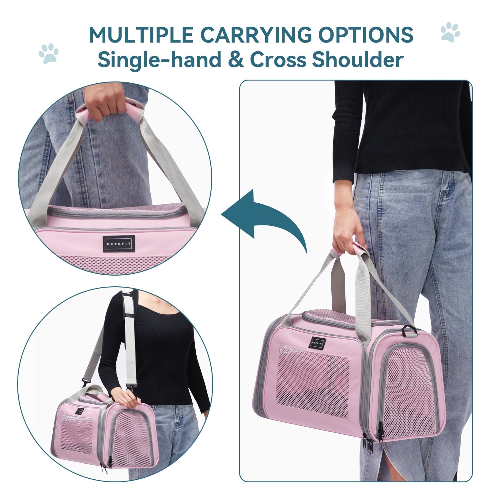 PETSFIT 17"Pet Carrier Airline Approved, Cat Travel Carrier for Small and Medium Cats，Under 20 lbs, Pink