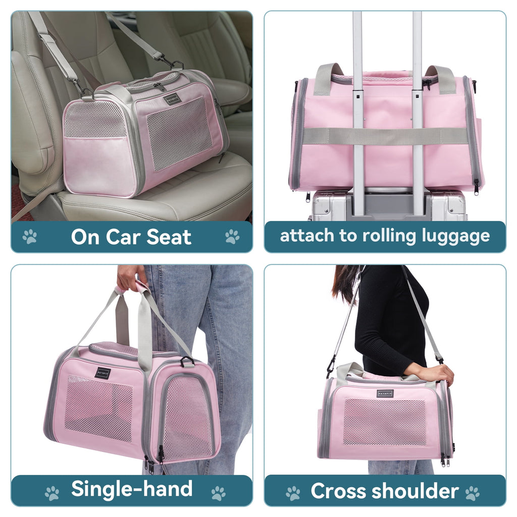 PETSFIT 17"Pet Carrier Airline Approved, Cat Travel Carrier for Small and Medium Cats，Under 20 lbs, Pink