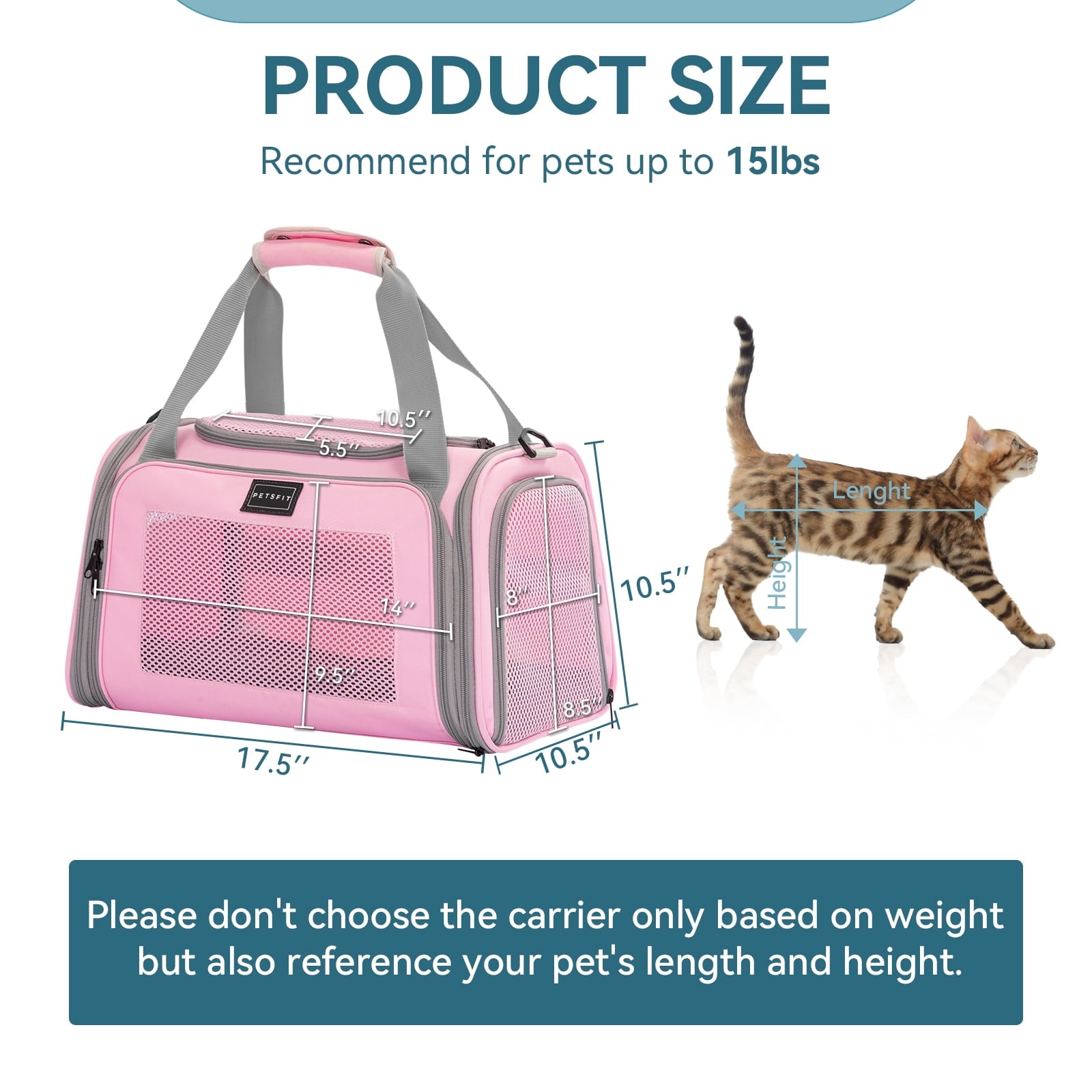 PETSFIT 17"Pet Carrier Airline Approved, Cat Travel Carrier for Small and Medium Cats，Under 20 lbs, Pink