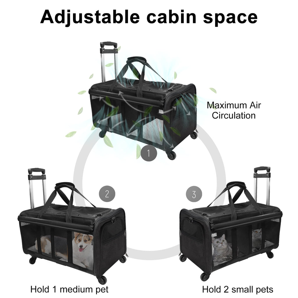 ELEGX Double-Compartment Pet Rolling Carrier with Wheels for 2 Pets,for Up to 35 LBS,Cat Rolling Carrier for 2 Cats,Super Ventilated Design,Ideal for Traveling/Hiking /Camping