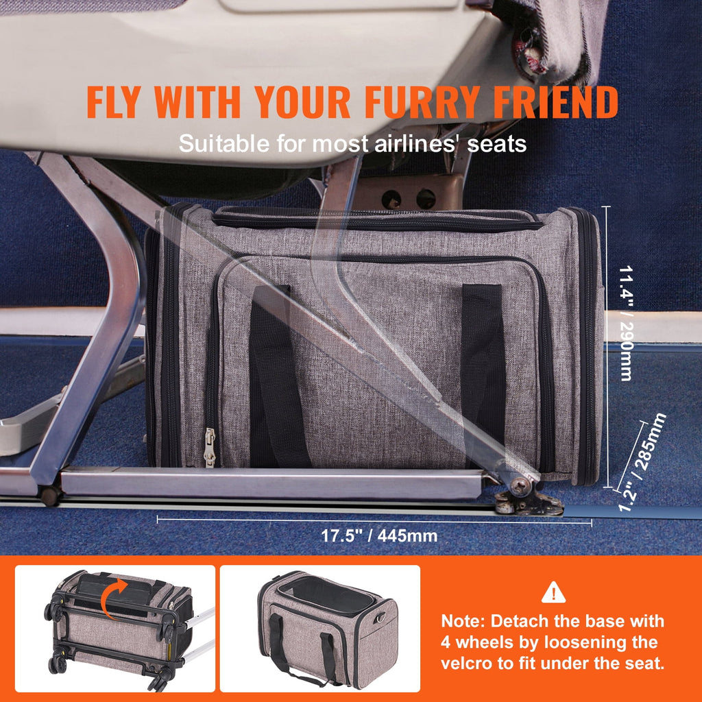 BENTISM Cat Carrier with Wheels Airline Approved Rolling Pet Carrier 25 lbs Grey for Cat Dog Small Medium Animals Kitten Puppy