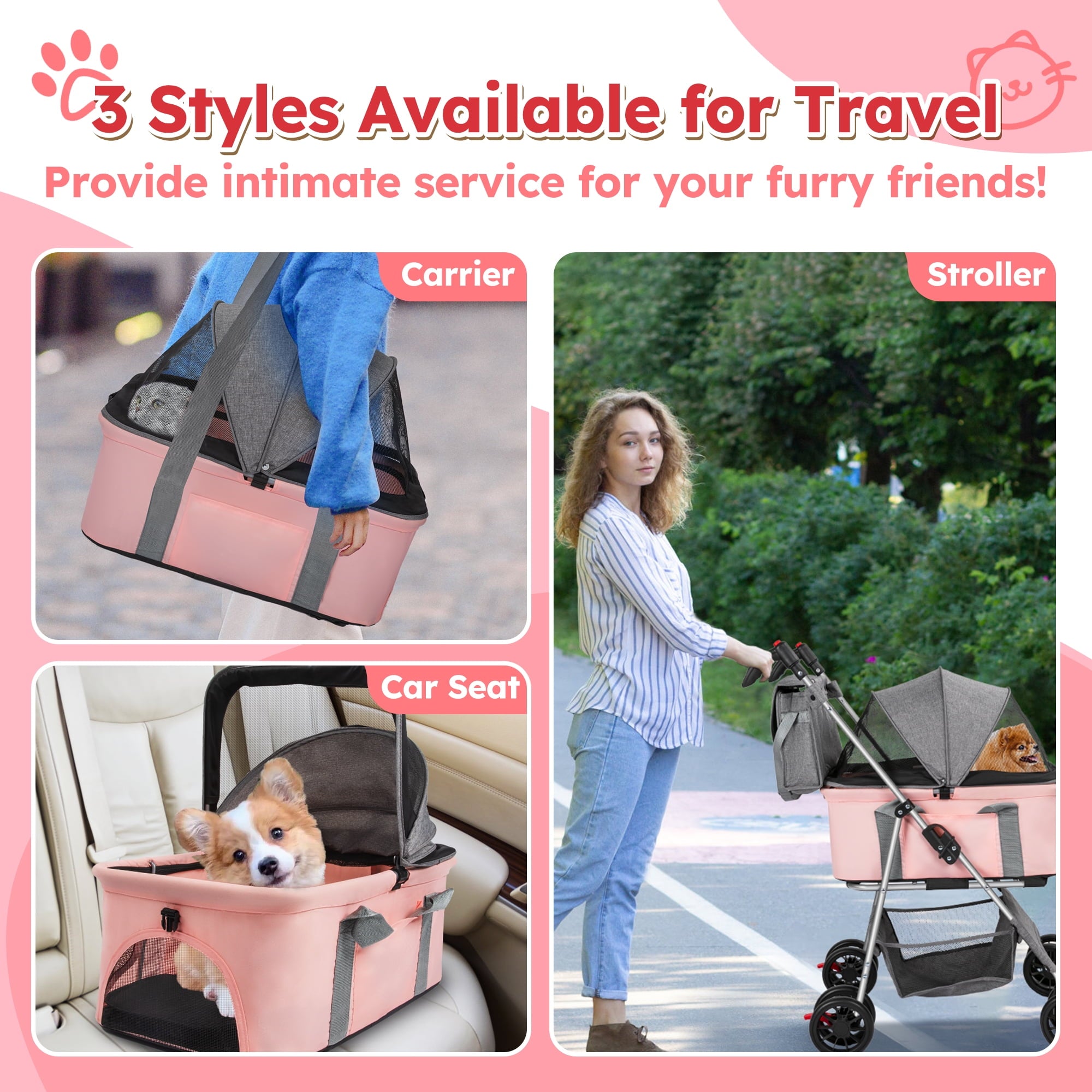 Monasem 4 Wheels Foldable Pet Stroller 3 in 1 with Waterproof Detachable Pets Travel Carrier for Small/Medium Dogs Cats up to 60lbs, Pink