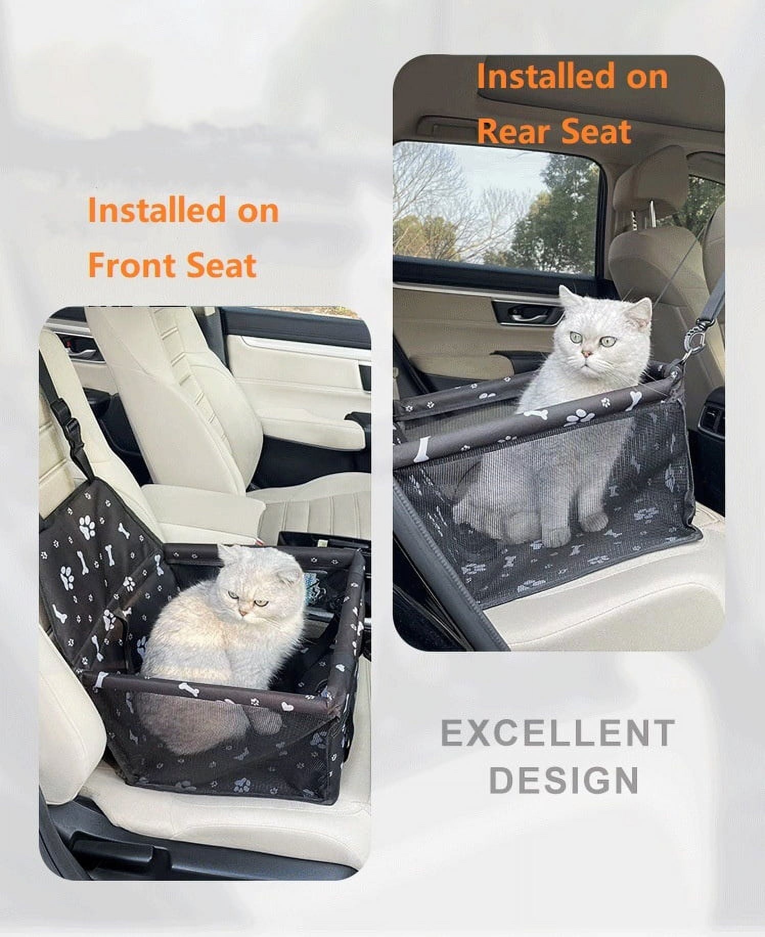 Pet Dog Cat Car Seat Booster for Small & Medium Pets, Portable Breathable Foldable Pet Carrier Seat Safety Anti-Collapse for Travel with Seat Belt, Black Printed