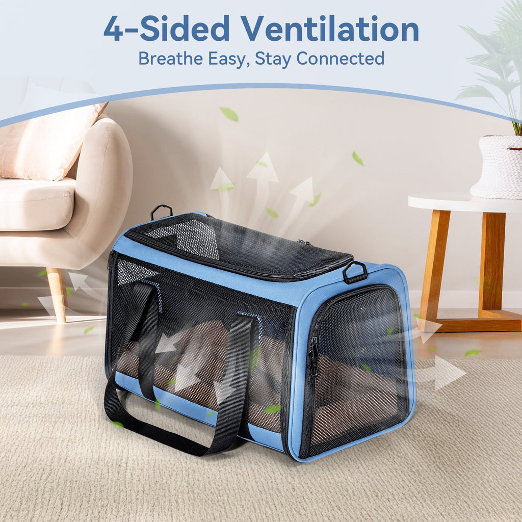 PETSFIT Airline Approved Pet Carrier, Upgraded Patented Car Buckle Soft Sided Cat Carrier, 4-Side Ventilation,Blue,15 lb Limit