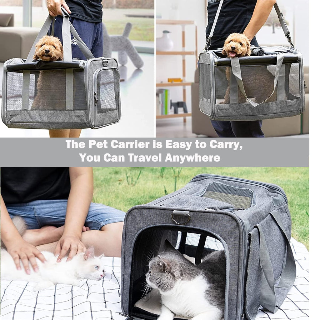 Cat Carrier, Cat Carriers for Large Cats up to 25LB, large Cat Carrier with a Bowl, Soft Sided Carrier with 2 Side Roller Blinds for Pet Cat Kitten Small Dog Puppies Airline Approved, Gray