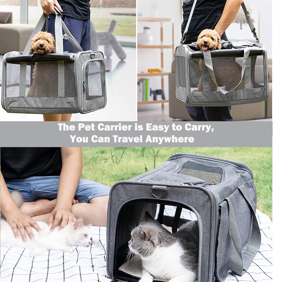 Cat Carrier, Cat Carriers for Large Cats up to 25LB, large Cat Carrier with a Bowl, Soft Sided Carrier with 2 Side Roller Blinds for Pet Cat Kitten Small Dog Puppies Airline Approved, Gray