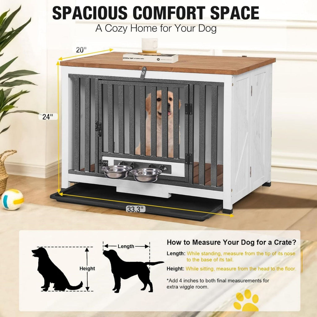 Aivituvin Folding Dog Crate Furniture Portable Metal Dog Kennel with Dog Bowls & Tray, Dog Crate for Small & Medium Dogs with Opening Roof