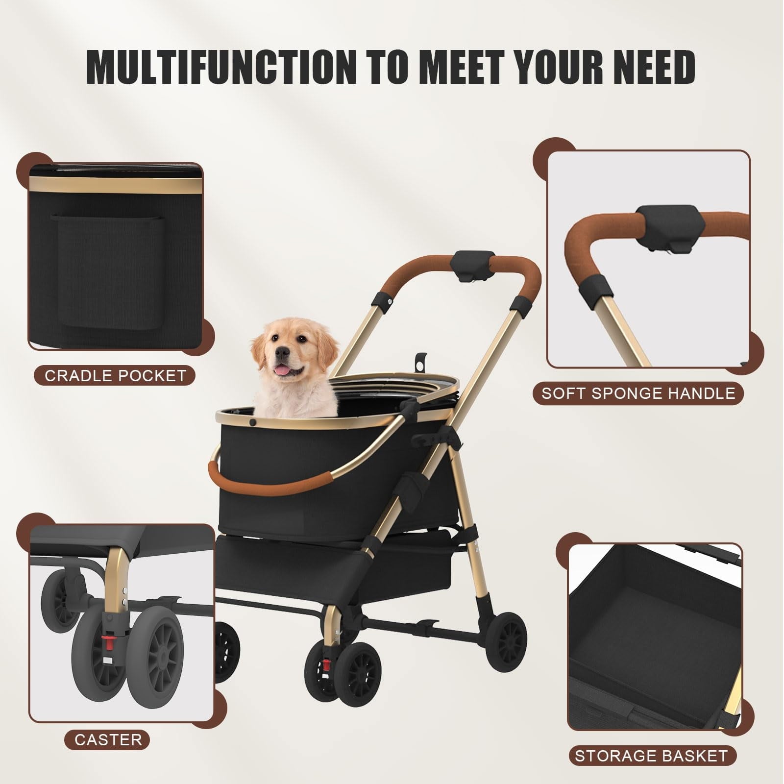 Foldable Pet Stroller 4 Wheels, Dog Stroller for Medium Dogs 30 lbs, Portable Pet Travel Carrier for Dogs Cats