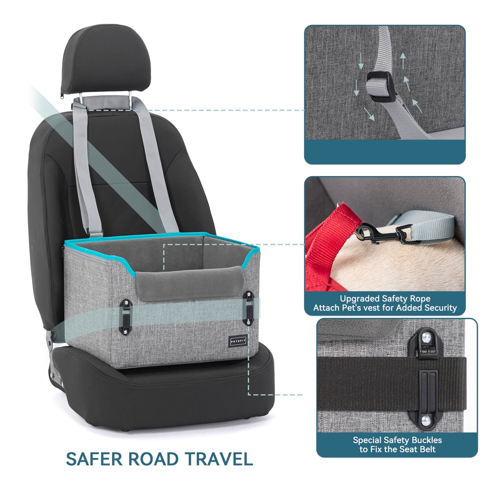 PETSFIT Dog Car Seats for Small Dogs, Portable Dog Booster Car Seat with Patent Safe Buckles,Pets Up to 25lbs ,Grey