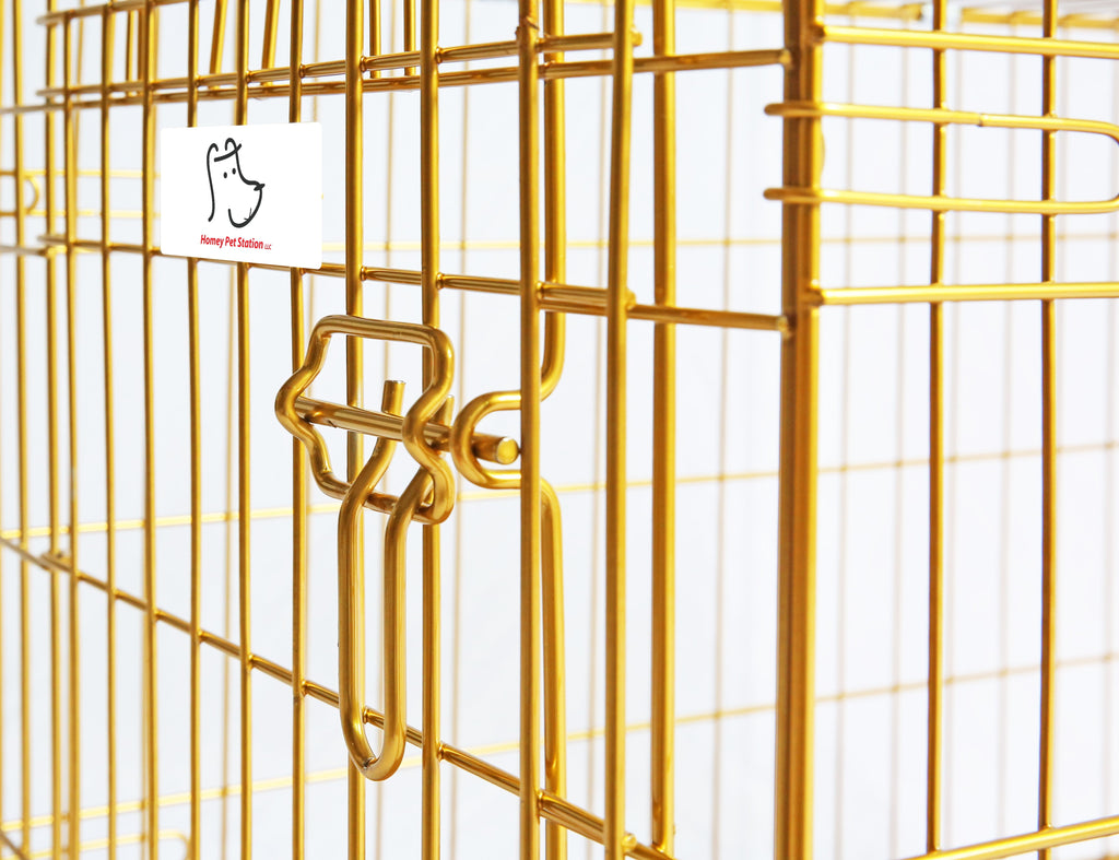 Homey Pet 24" Small Dog Crate, Collapsible Wire Toy Dog Cage Indoor, Dog Transport Kennel Portable Nano-Coated Copper Gold Puppy Cage with Pull-Out Floor Grid Tray, Double Doors Dual Locks