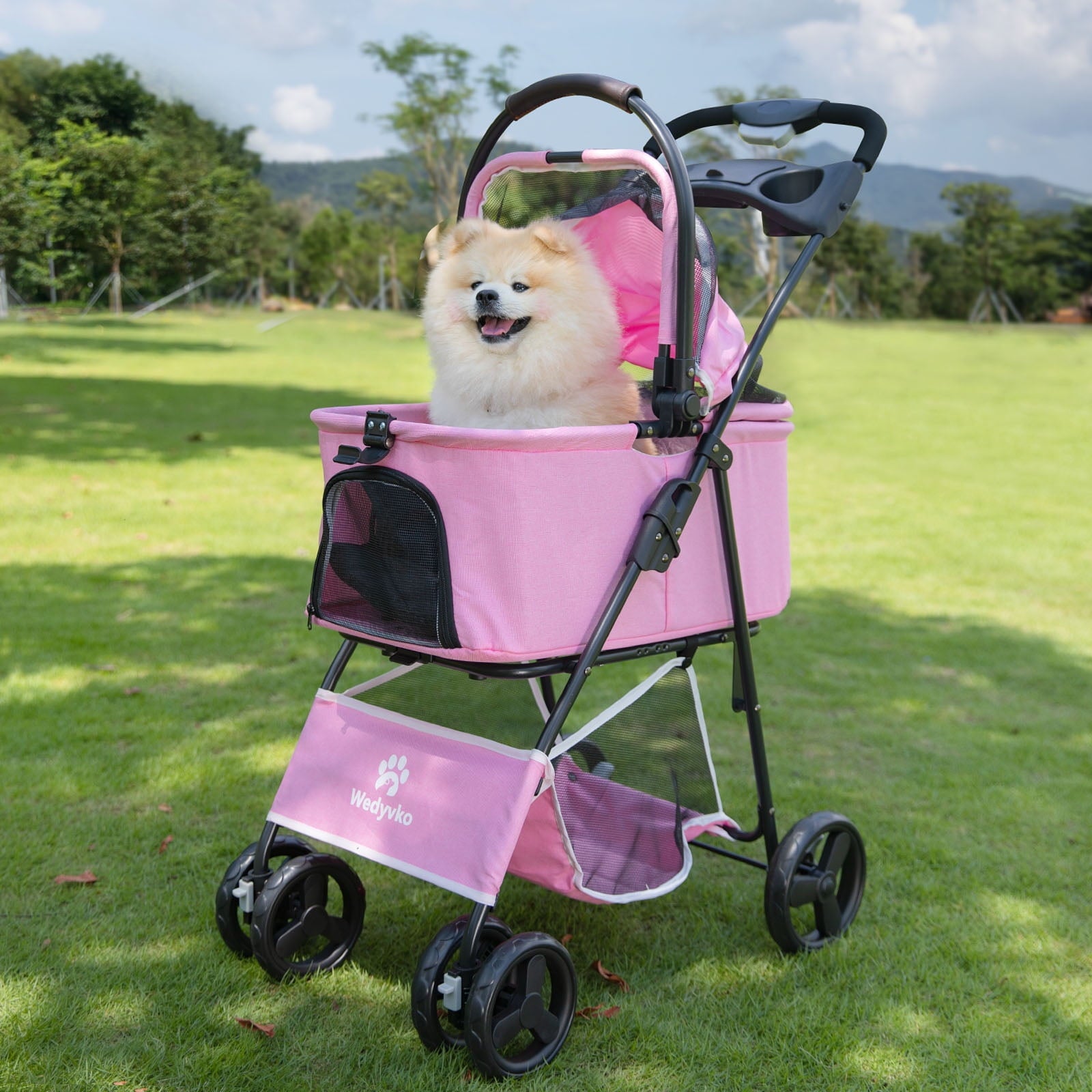 Wedyvko Pet Stroller with 4 Wheels, Foldable Pet Travel Carrier for Small/Medium Dogs Cats up to 50lbs, Detachble Portable Pet Bag, Storage Basket, Car Seat 3 in 1 Multifunctional,Pink