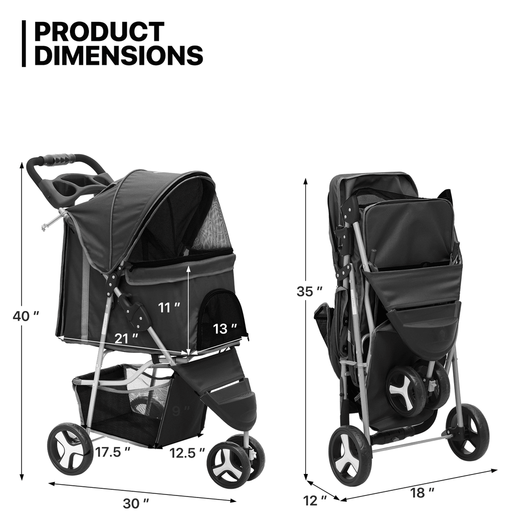 MoNiBloom Pet Dog Stroller, 3 Wheels Foldable Dog Cat Strollers with Storage Basket and Cup Holder for Small and Medium Cats, Dogs, Puppies, Black