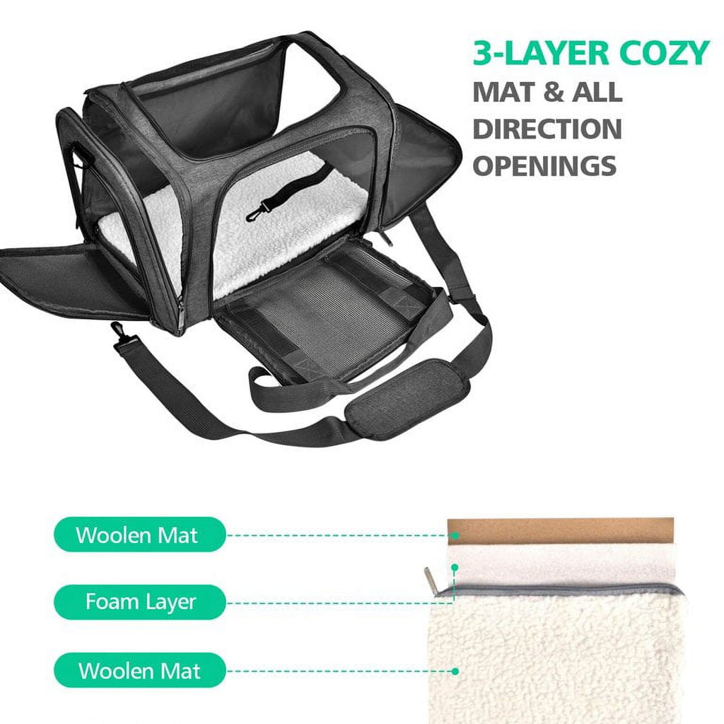 Flantor Small Pet Travel Carrier Bag, Breathable Soft Sided with Wool Mat, Black, 15 lb Limit