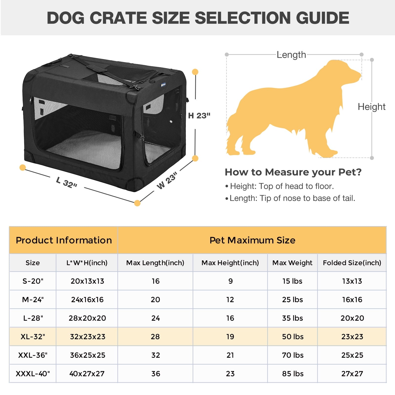 Veehoo Folding Soft Dog Crate, 3-Door Pet Kennel, 600D Cationic Oxford Fabric, 32", Black