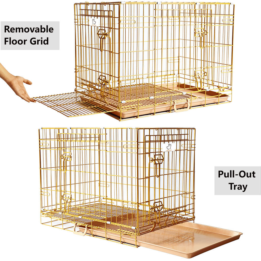 Homey Pet 24" Small Dog Crate, Collapsible Wire Toy Dog Cage Indoor, Dog Transport Kennel Portable Nano-Coated Copper Gold Puppy Cage with Pull-Out Floor Grid Tray, Double Doors Dual Locks