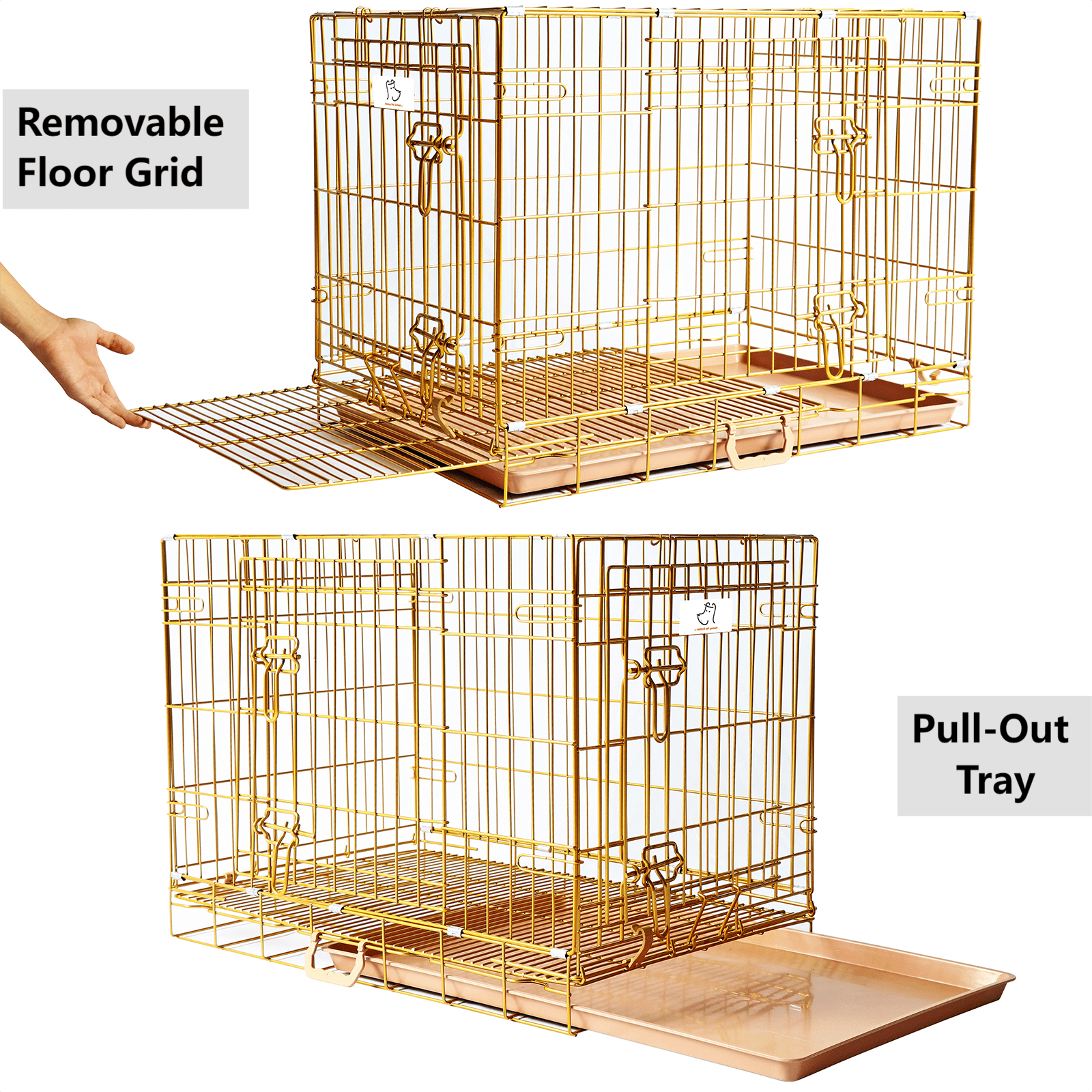 Homey Pet 24" Small Dog Crate, Collapsible Wire Toy Dog Cage Indoor, Dog Transport Kennel Portable Nano-Coated Copper Gold Puppy Cage with Pull-Out Floor Grid Tray, Double Doors Dual Locks