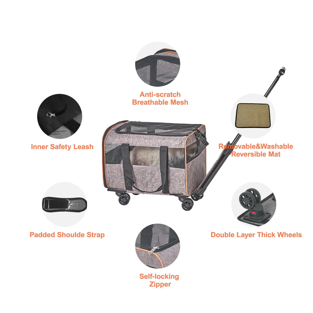 BENTISM Cat Carrier with Wheels Airline Approved Rolling Pet Carrier 22 lbs Grey for Cat Dog Small Medium Animals Kitten Puppy