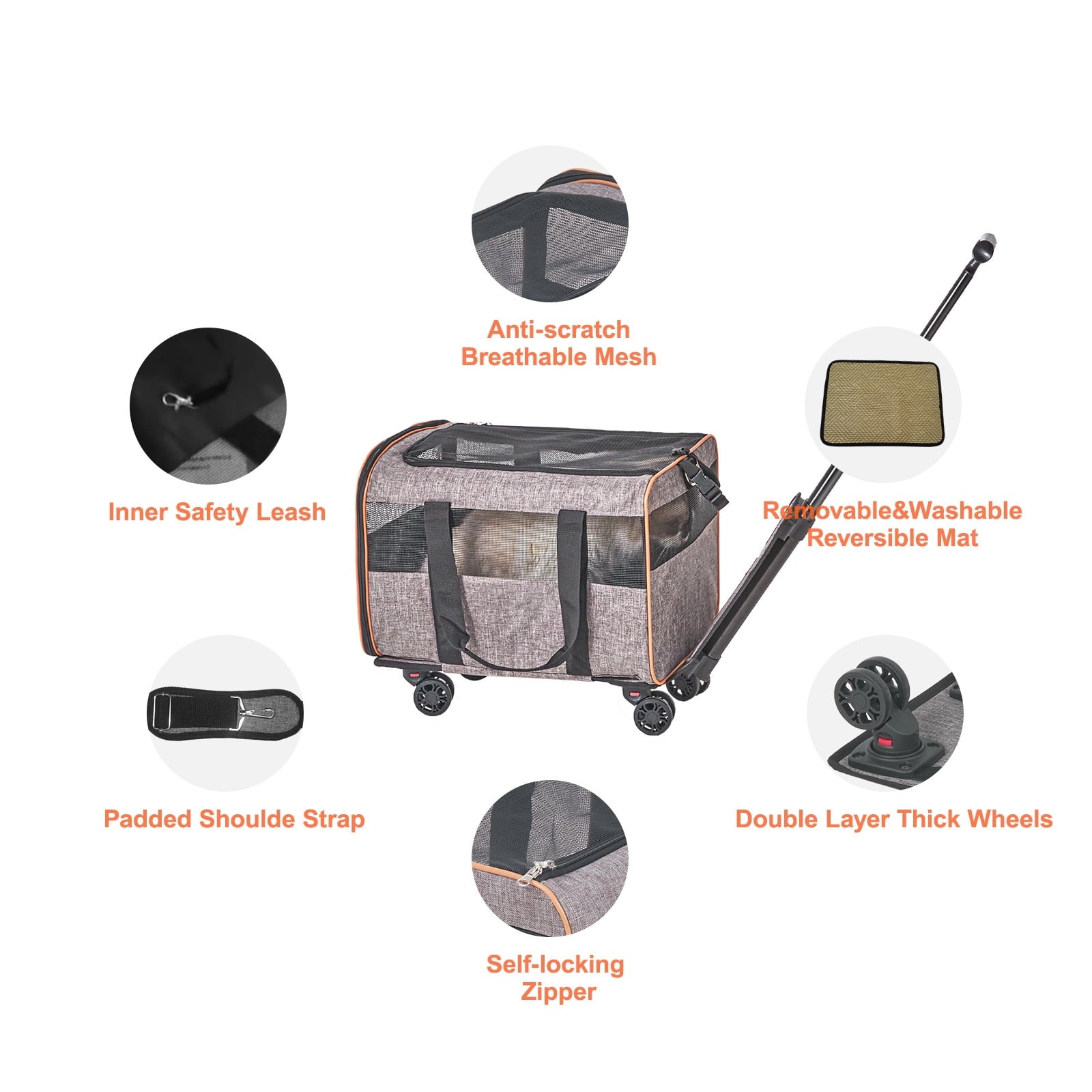 BENTISM Cat Carrier with Wheels Airline Approved Rolling Pet Carrier 22 lbs Grey for Cat Dog Small Medium Animals Kitten Puppy