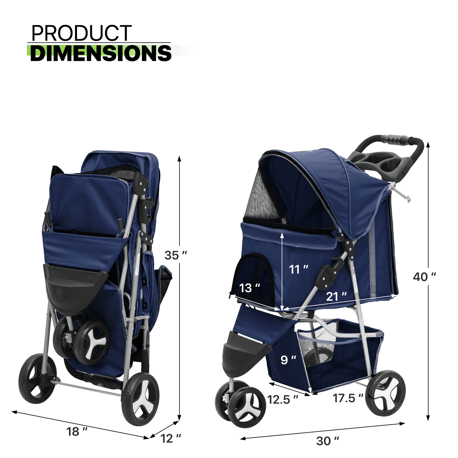 Magshion Foldable Pet Dog Stroller with Wheels, Cat Dog Stroller with Storage Basket and Cup Holder for Small and Medium Cats, Dogs, Puppy, Navy Blue