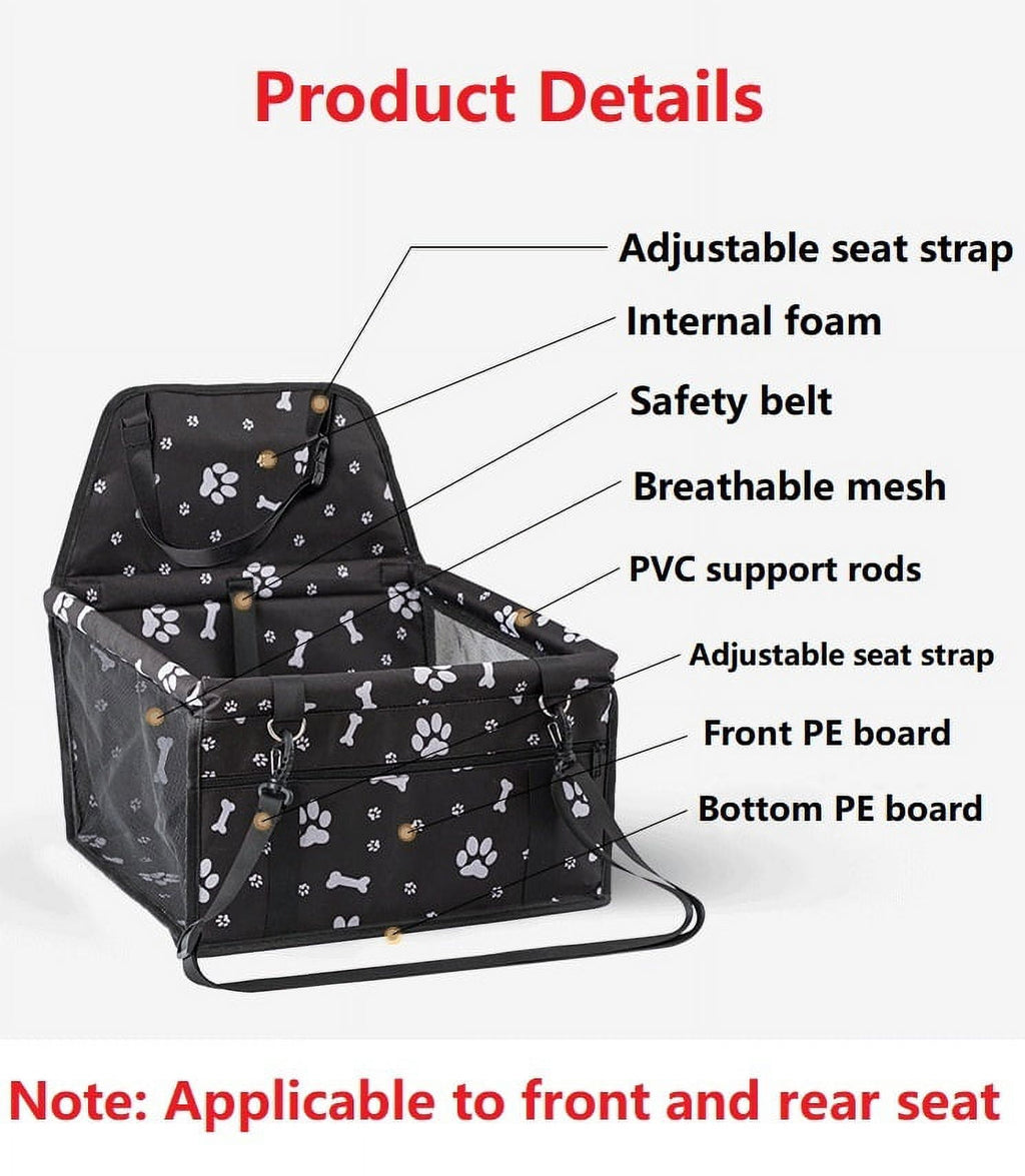 Pet Dog Cat Car Seat Booster for Small & Medium Pets, Portable Breathable Foldable Pet Carrier Seat Safety Anti-Collapse for Travel with Seat Belt, Black Printed