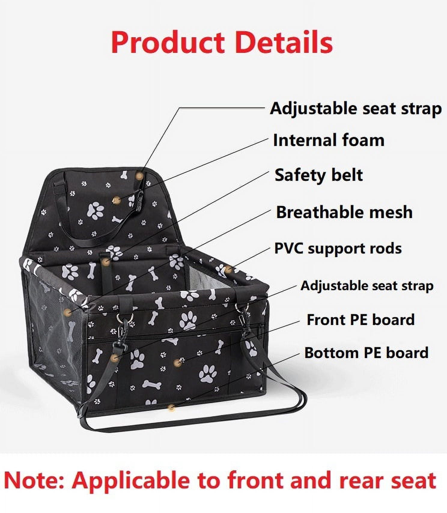 Pet Dog Cat Car Seat Booster for Small & Medium Pets, Portable Breathable Foldable Pet Carrier Seat Safety Anti-Collapse for Travel with Seat Belt, Black Printed
