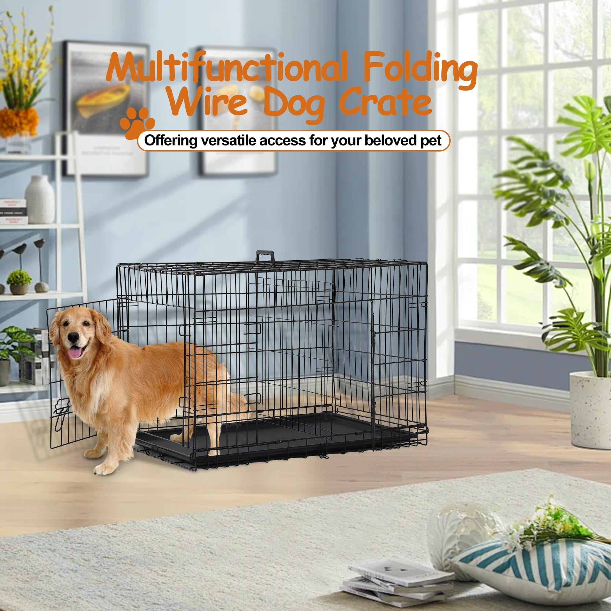 CL.HPAHKL Small Wire Dog Crate, Folding Metal Dog Kennel Double Door Dog Cage with Plastic Tray, Puppy Crate for Small Dog Indoor Outdoor Travel (Black, 24 inch)
