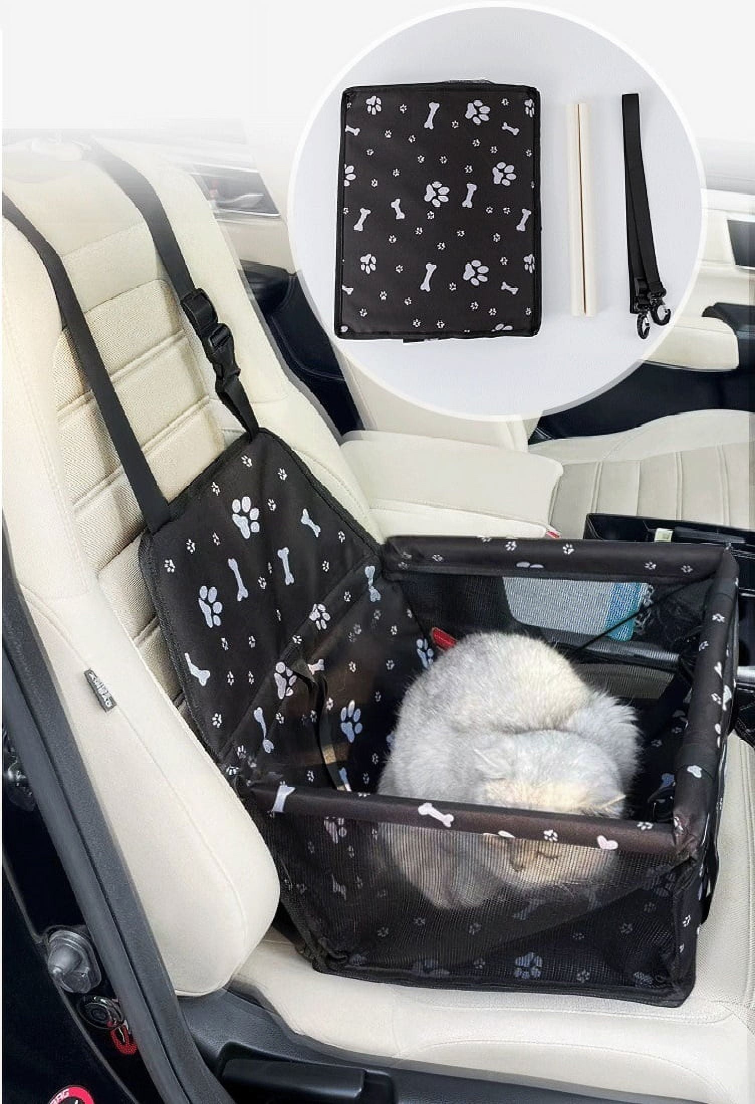 Pet Dog Cat Car Seat Booster for Small & Medium Pets, Portable Breathable Foldable Pet Carrier Seat Safety Anti-Collapse for Travel with Seat Belt, Black Printed