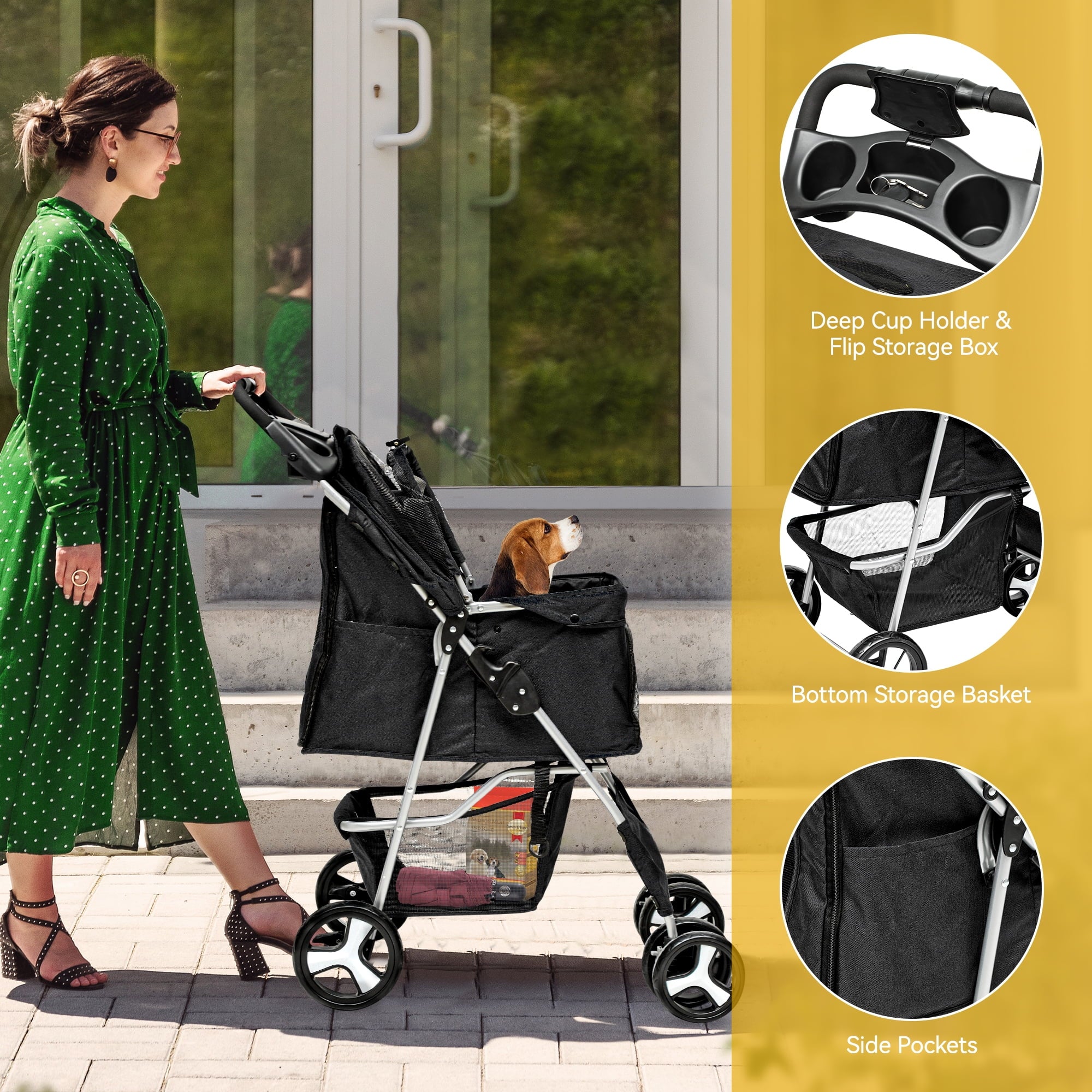 Dextrus 4-Wheel Foldable Dog Stroller with Storage Basket & 360° Rotating Wheels – Lightweight Pet Stroller for Small to Medium Dogs and Cats, Black