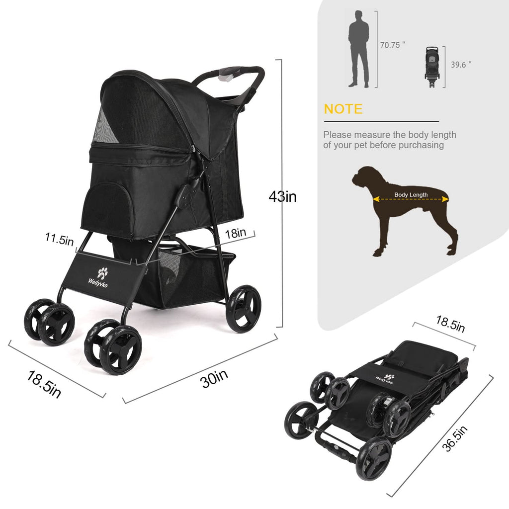 Wedyvko 4 Wheels Pet Stroller Dog Cat Stroller Storage Basket and Cup Holder,Black