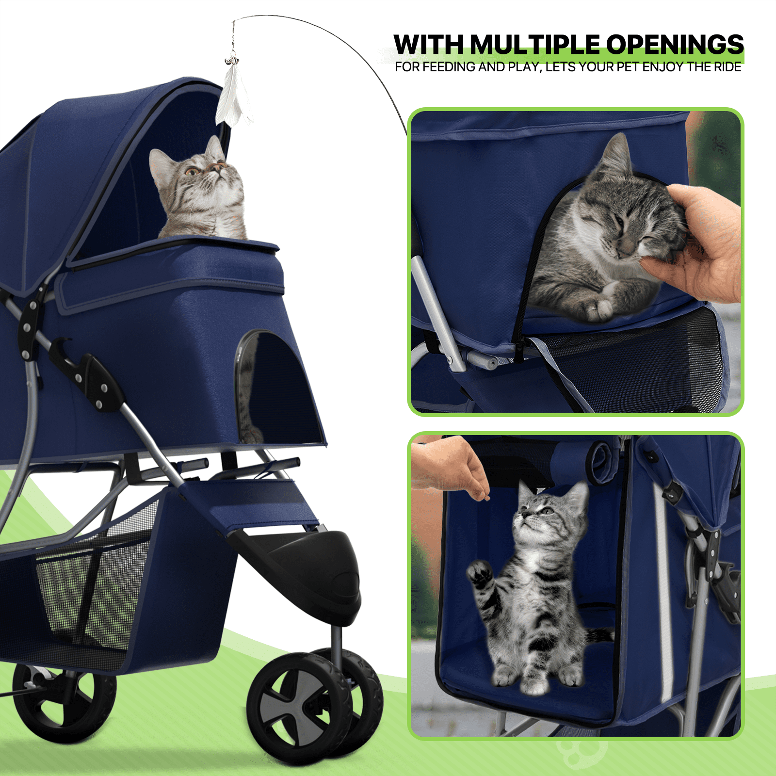 Magshion Foldable Pet Dog Stroller with Wheels, Cat Dog Stroller with Storage Basket and Cup Holder for Small and Medium Cats, Dogs, Puppy, Navy Blue