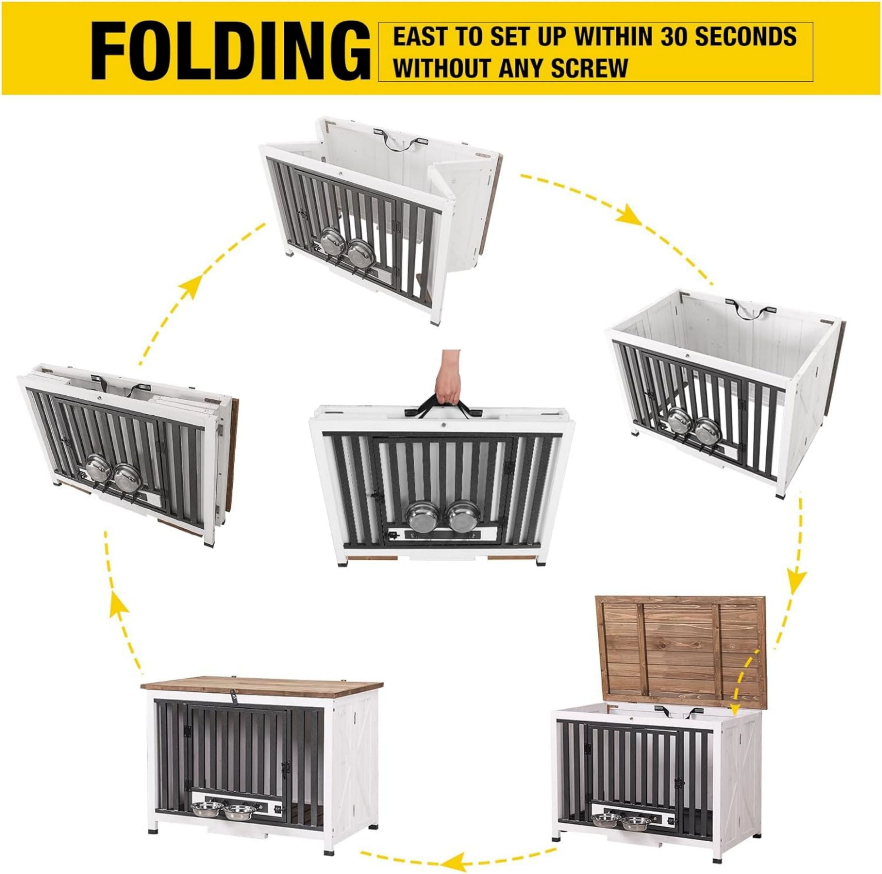 Aivituvin Folding Dog Crate Furniture Portable Metal Dog Kennel with Dog Bowls & Tray, Dog Crate for Small & Medium Dogs with Opening Roof