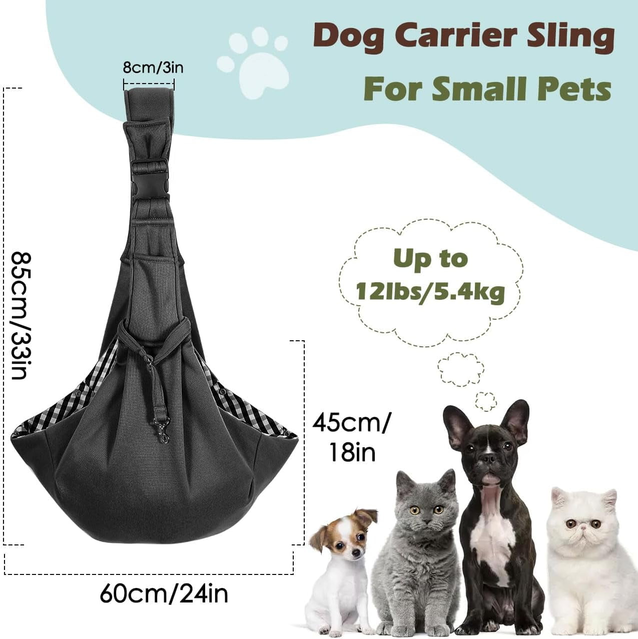Pawaboo Dog Carrier Sling, Hand Free Dog Papoose with Adjustable Strap, Safety Leash for Puppies&Cats, Wider Shoulder Strap Pet Sling Bag (up to 12lbs, Black)