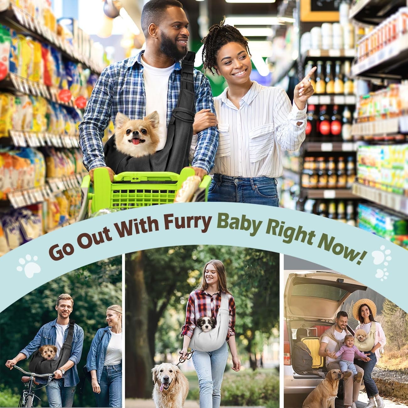 Pawaboo Dog Carrier Sling, Hand Free Dog Papoose with Adjustable Strap, Safety Leash for Puppies&Cats, Wider Shoulder Strap Pet Sling Bag (up to 12lbs, Black)