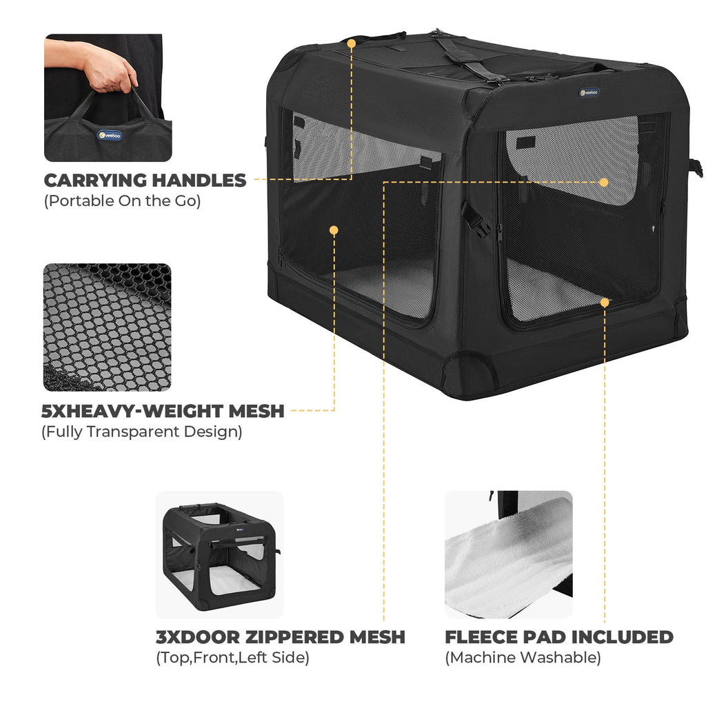 Veehoo Folding Soft Dog Crate, 3-Door Pet Kennel, 600D Cationic Oxford Fabric, 32", Black