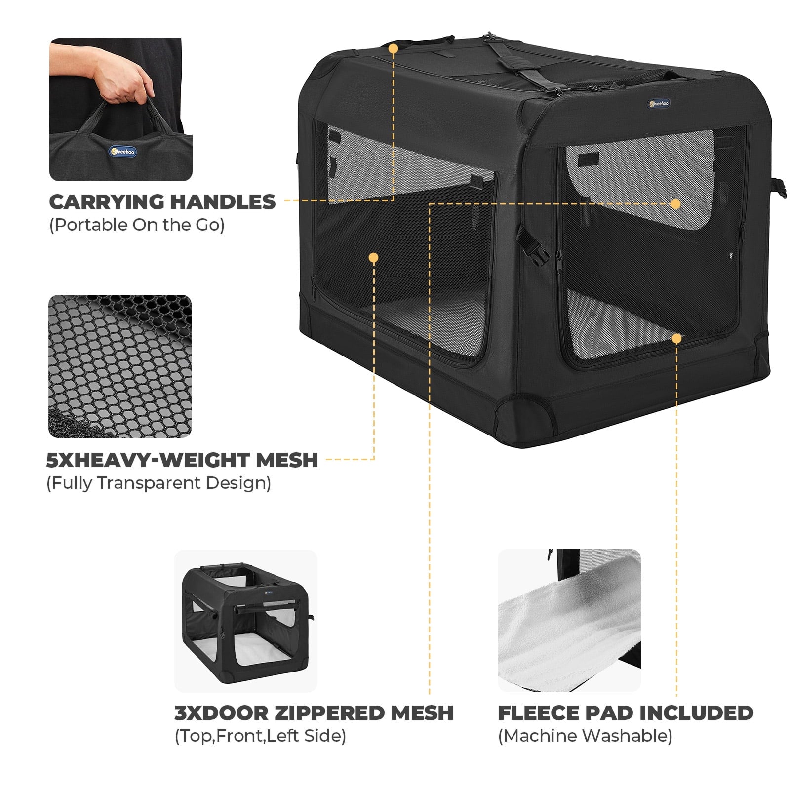 Veehoo Folding Soft Dog Crate, 3-Door Pet Kennel, 600D Cationic Oxford Fabric, 32", Black