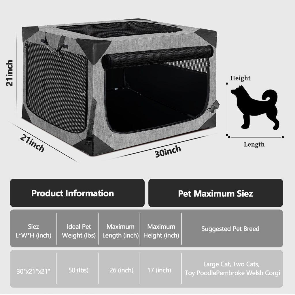 36 Inch Dog Crates,Collapsible Soft Dog Crate for Large Dogs, Chew Proof Mesh Window 3 Door Design, Indoor & Outdoor Portable Travel Dog Crate(French Grey)