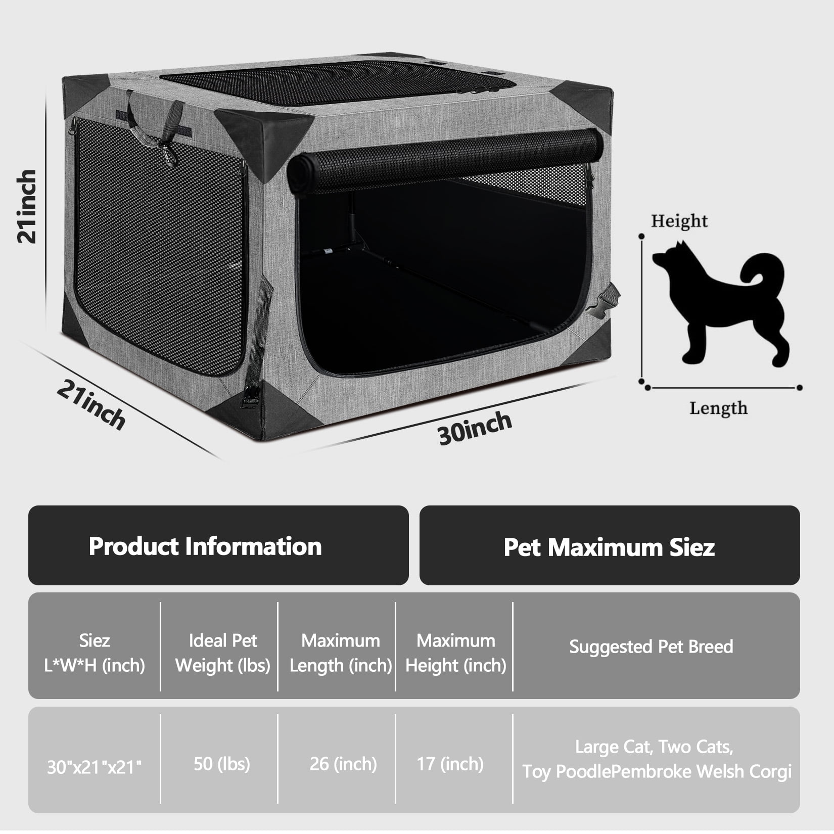 36 Inch Dog Crates,Collapsible Soft Dog Crate for Large Dogs, Chew Proof Mesh Window 3 Door Design, Indoor & Outdoor Portable Travel Dog Crate(French Grey)