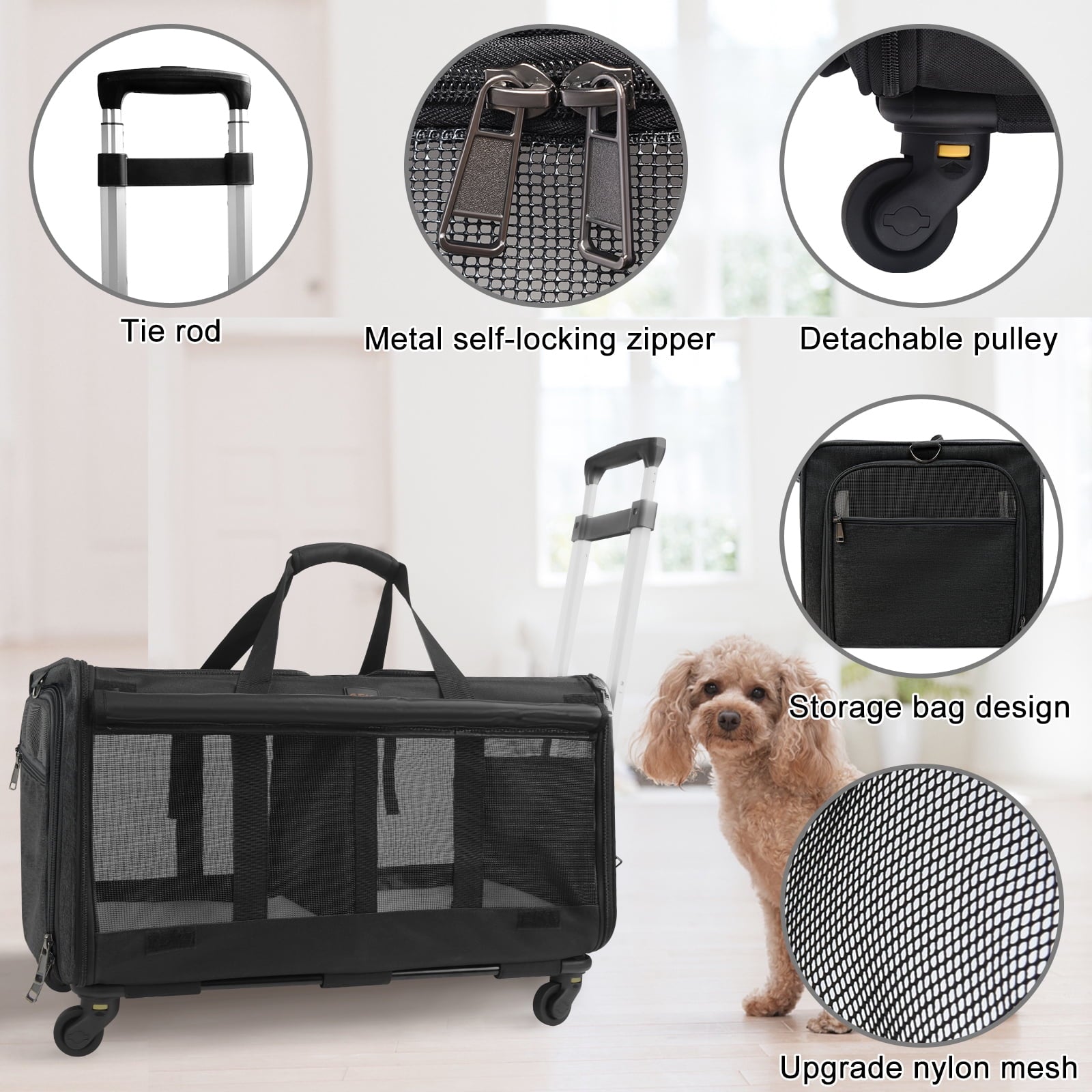 ELEGX Double-Compartment Pet Rolling Carrier with Wheels for 2 Pets,for Up to 35 LBS,Cat Rolling Carrier for 2 Cats,Super Ventilated Design,Ideal for Traveling/Hiking /Camping