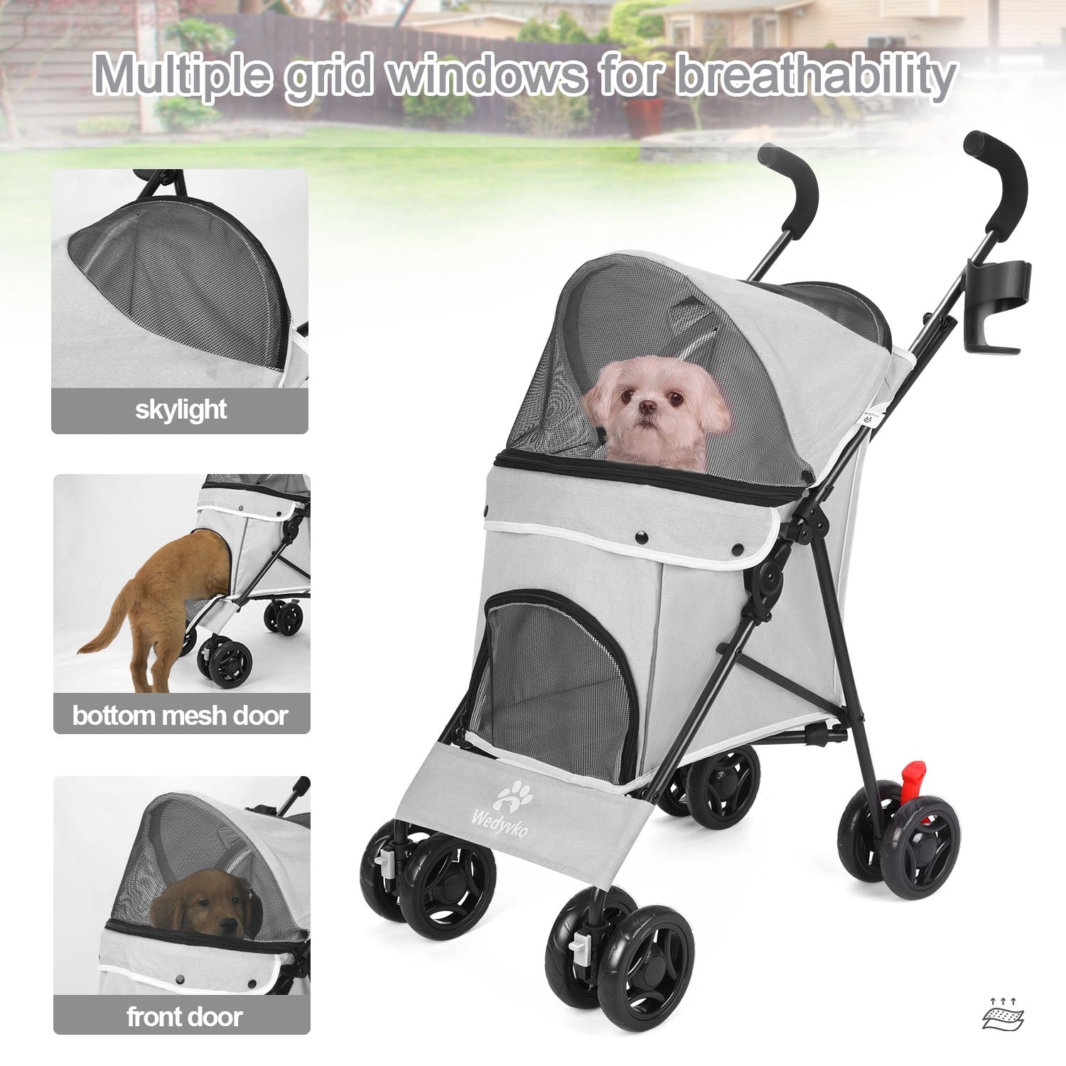 Wedyvko 4 Wheel Pet Dog Stroller Foldable Carrier Strolling Cart for Small Medium Dog Cat,Gray